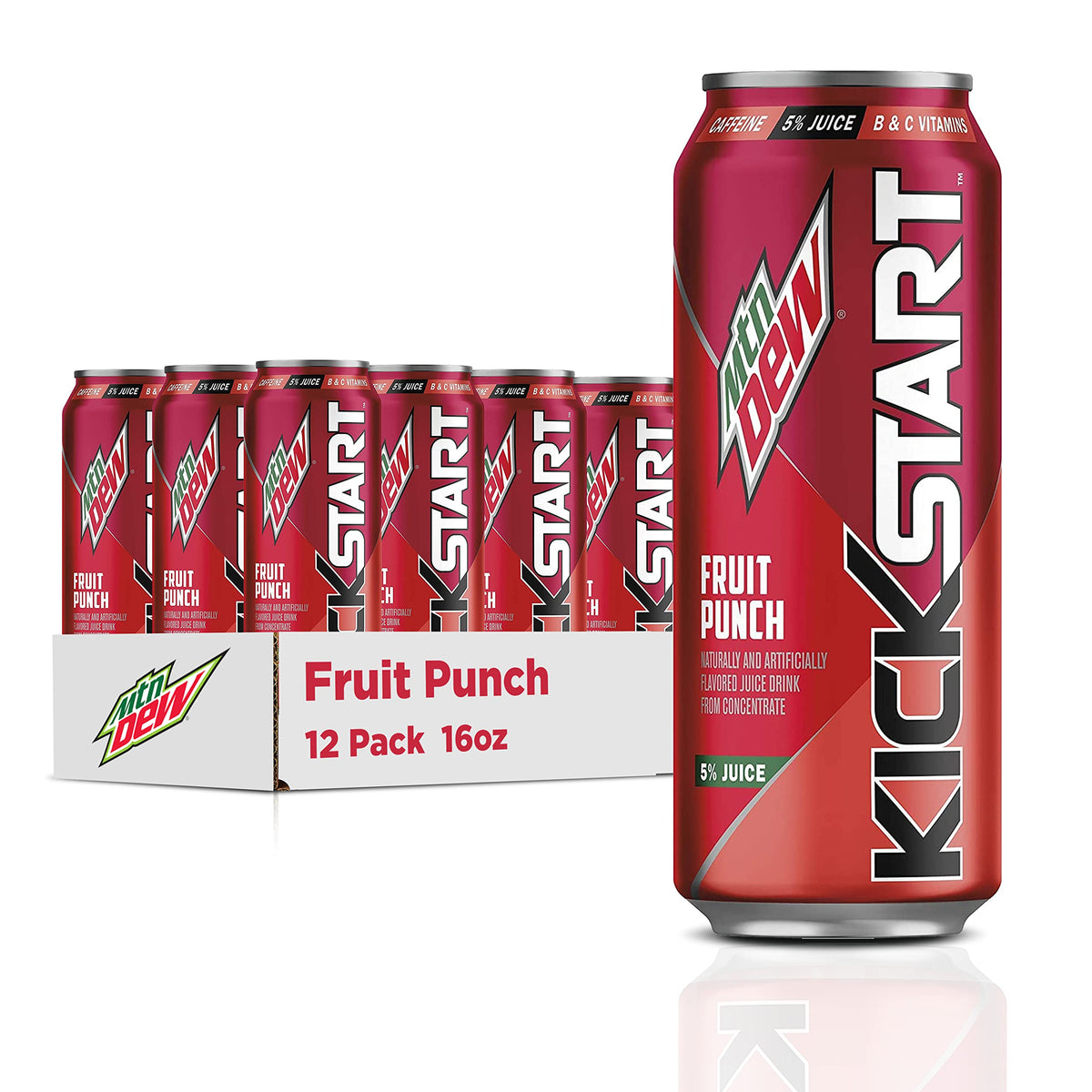 Mountain Dew Kickstart Fruit Punch can front view highlighting caffeine boost and juice blend.