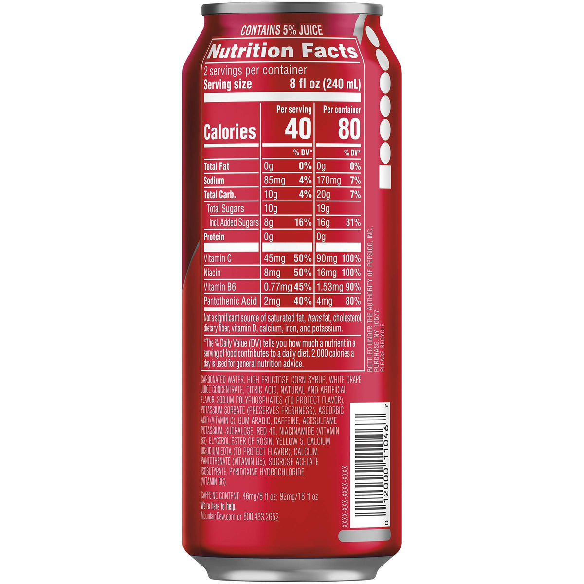 Mountain Dew Kickstart Fruit Punch can side view showing 16 oz size and on-the-go refreshment.