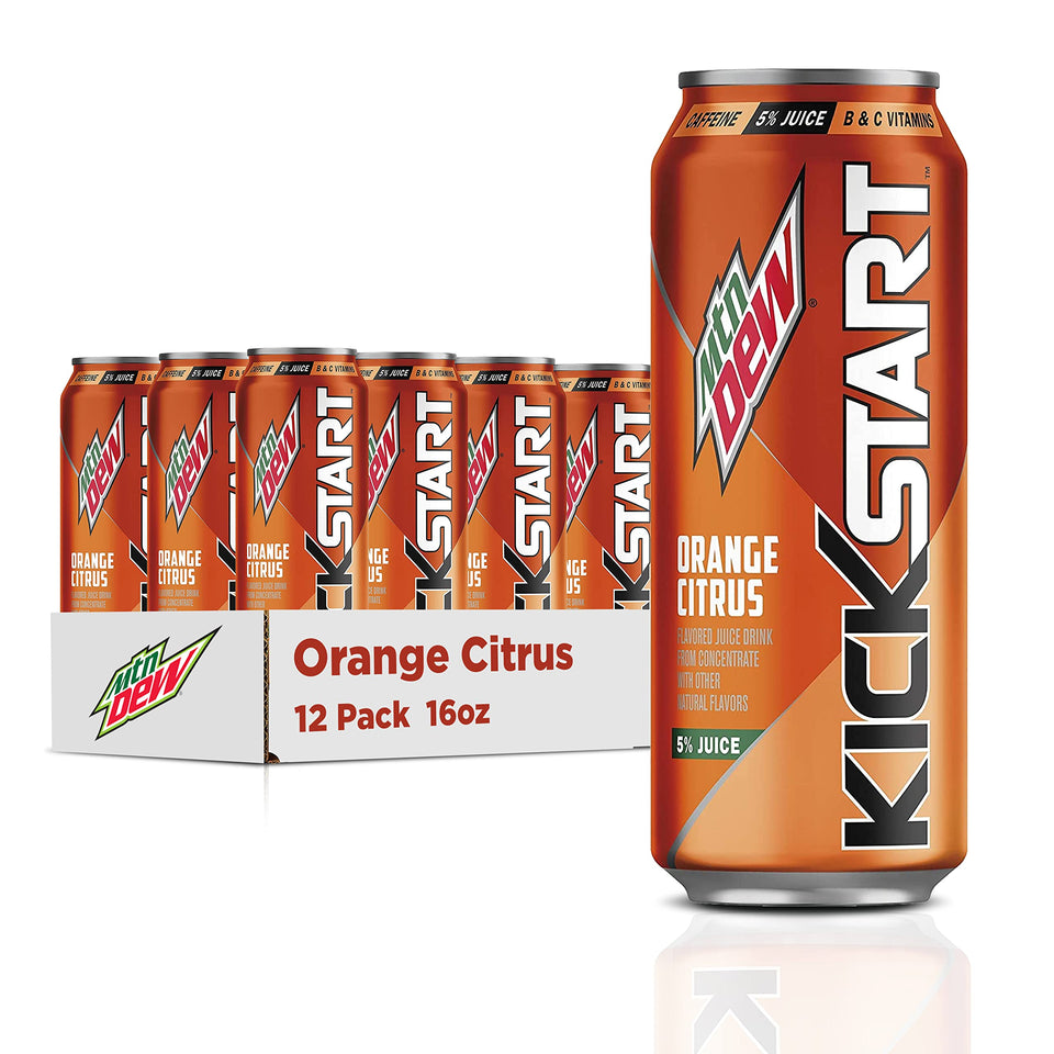 Mountain Dew Kickstart orange citrus can with a bright, refreshing energy boost from real fruit juice