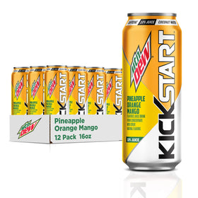 Mountain Dew Kickstart Pineapple Orange Mango can being poured, a caffeine boost for busy mornings.
