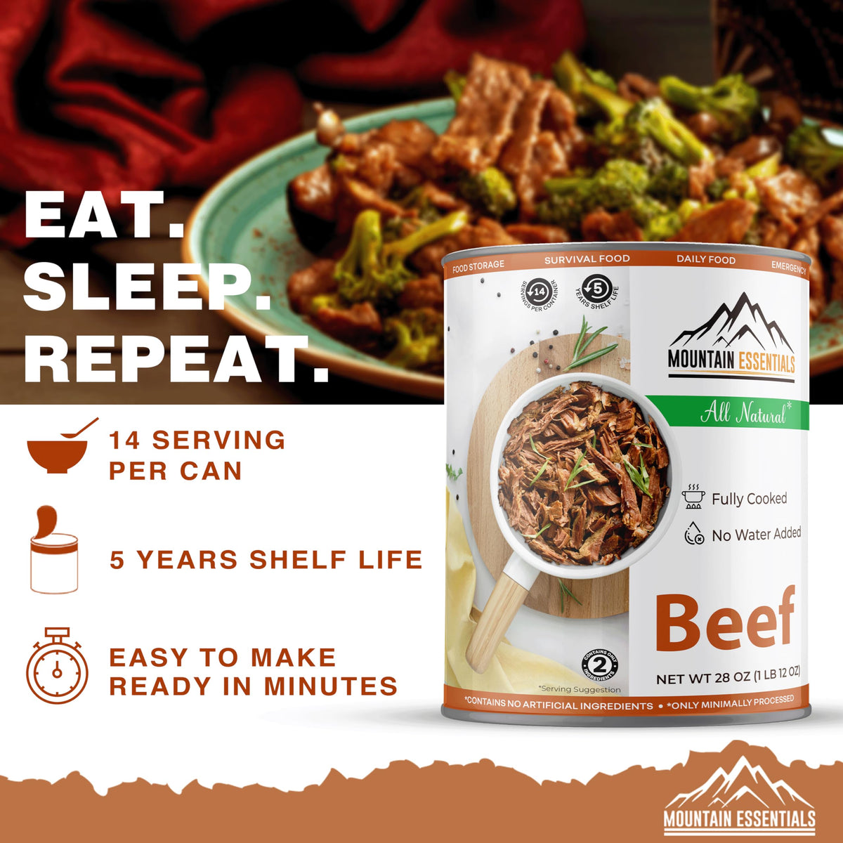 Mountain Essentials beef can back label gluten free designation