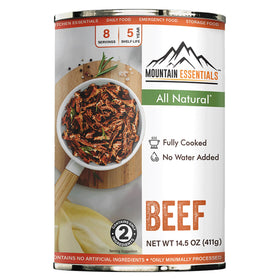 Mountain Essentials beef canned ready-to-eat 14.5oz label highlights convenience for quick meals