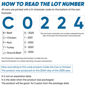 Mountain Essentials canned chicken with production code, long shelf life.