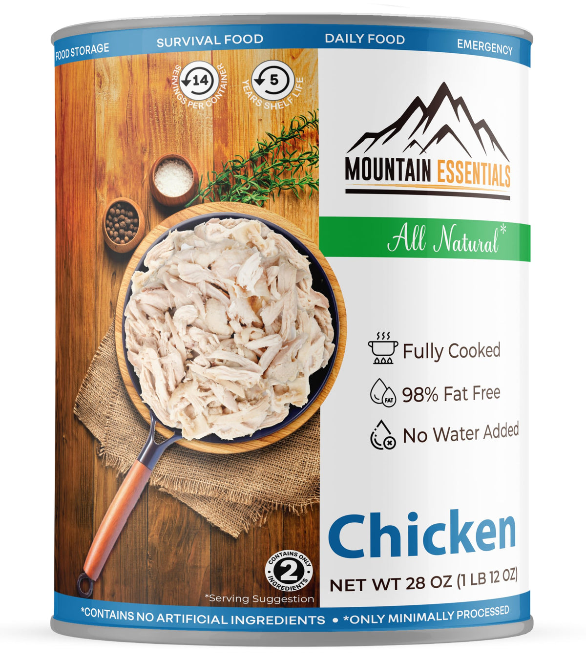 Mountain Essentials canned chicken can closed, ideal for pantry storage.