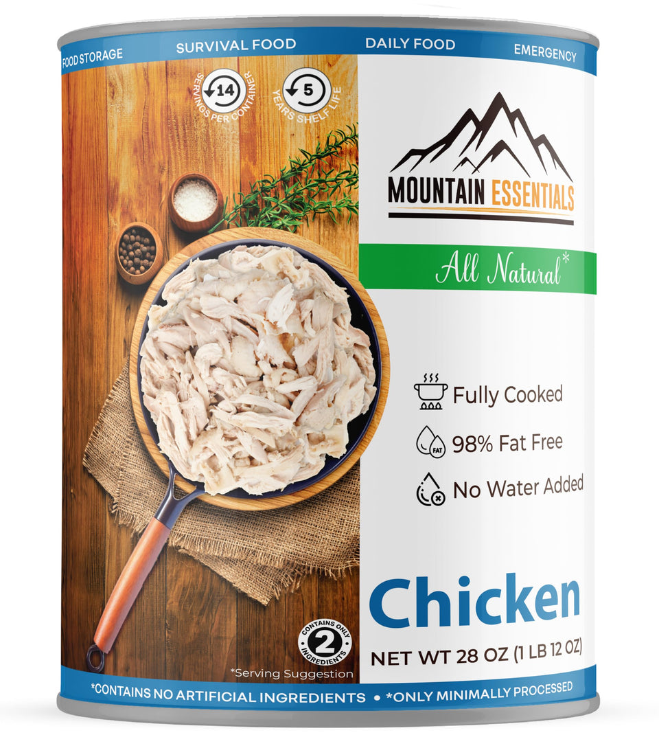 Mountain Essentials canned chicken can closed, ideal for pantry storage.