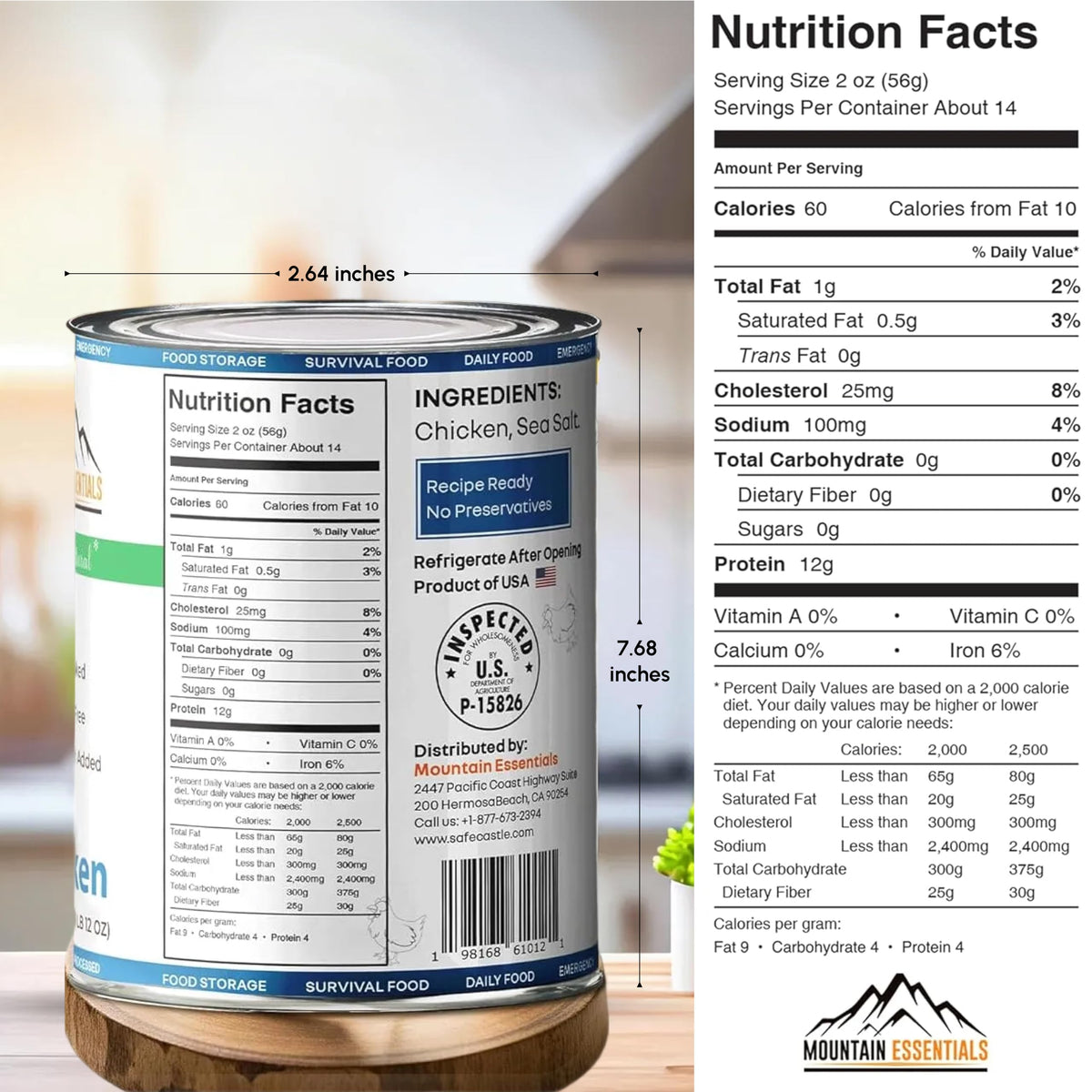 Mountain Essentials canned chicken can opened, ready to heat or chill.