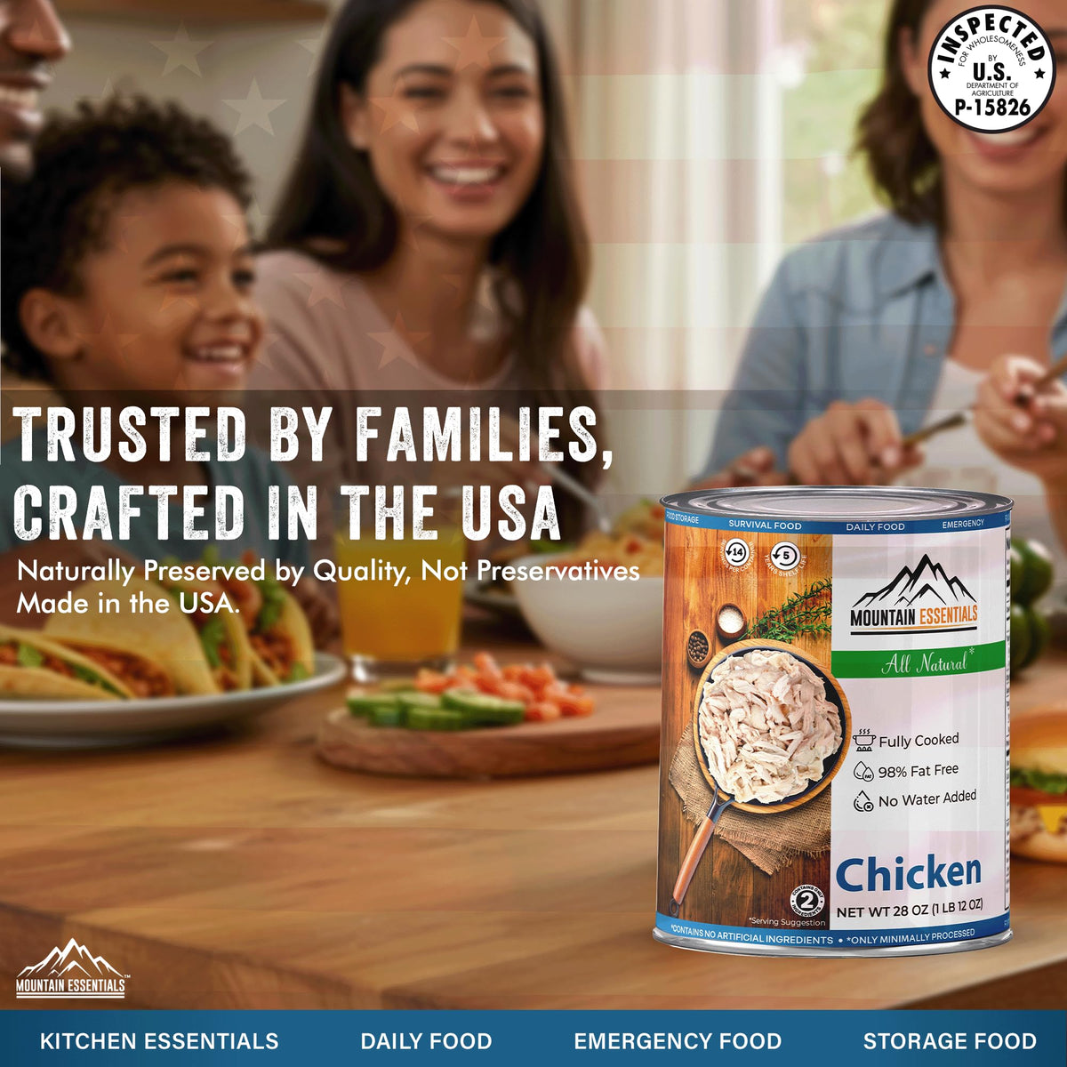 Mountain Essentials canned chicken in emergency kit, reliable protein.