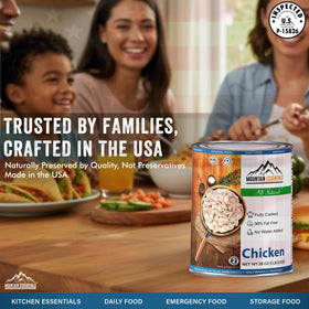 Mountain Essentials canned chicken in emergency kit, reliable protein.