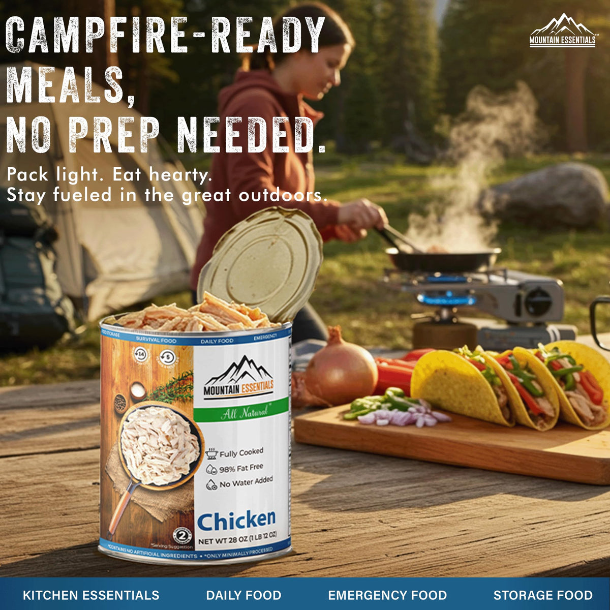 Mountain Essentials shredded chicken in can, versatile for quick meals.