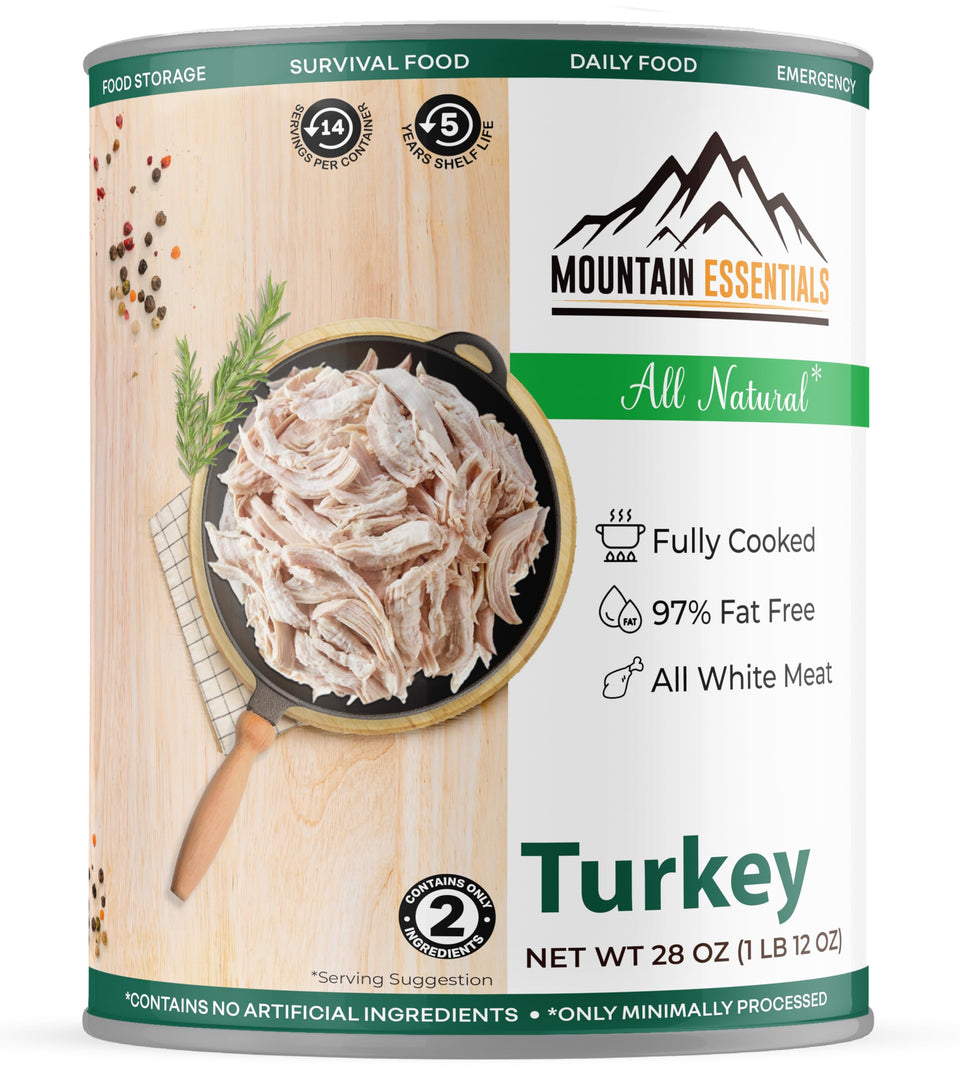Mountain Essentials canned turkey 28 oz ready-to-eat for quick pantry meals.