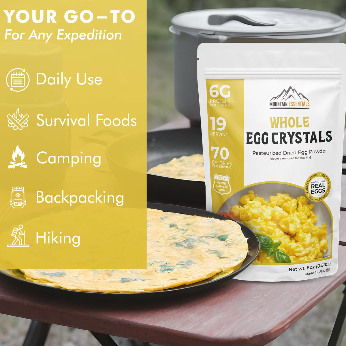 Baking with Mountain Essentials egg crystals added to batter in a mixing bowl.