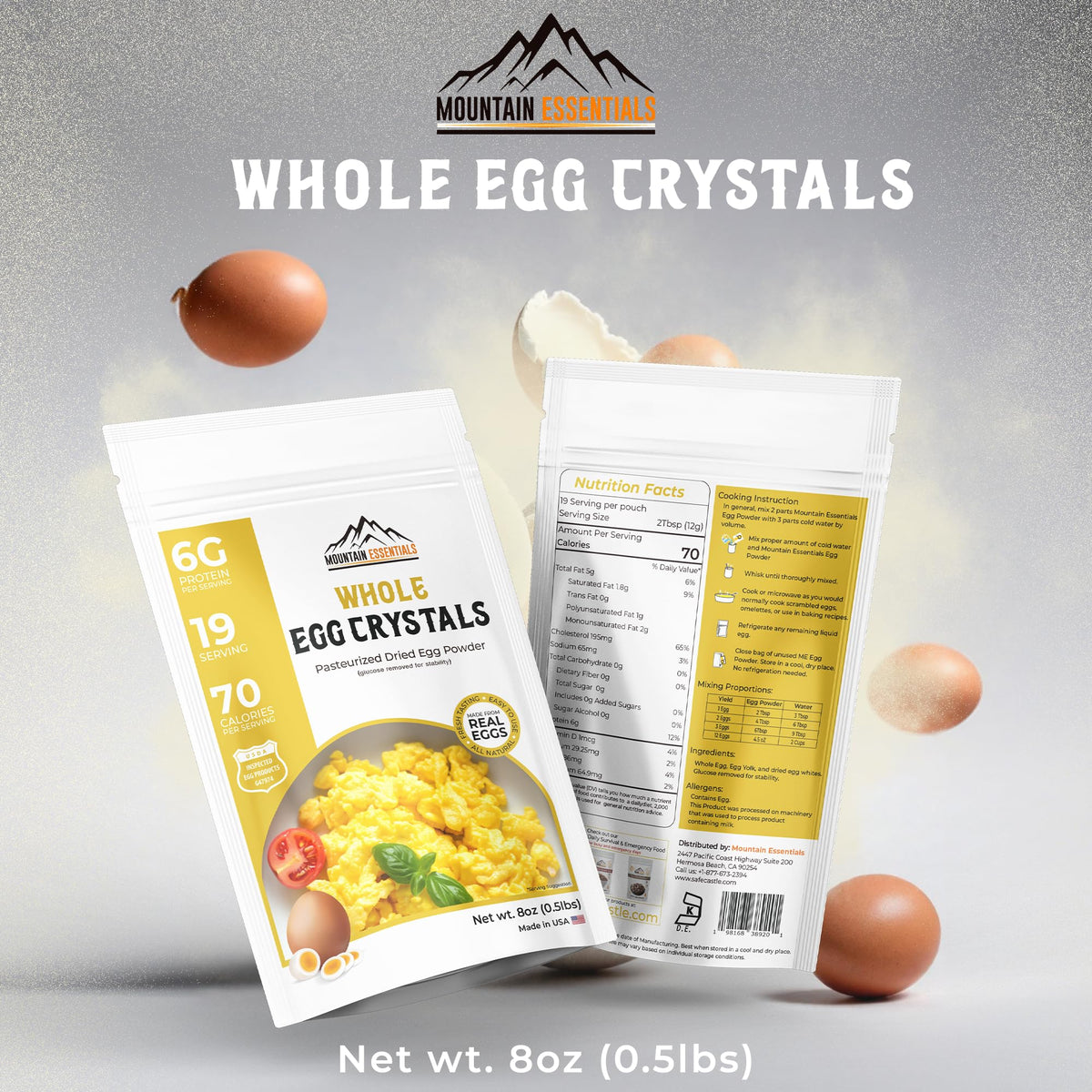 Emergency prep kit featuring Mountain Essentials egg crystals as a protein option.