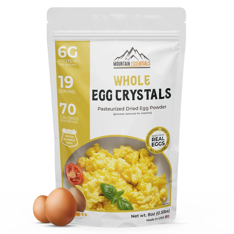 Mountain Essentials egg crystals powder bag, compact shelf-stable protein for easy meals.