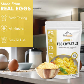 Plated fluffy scrambled eggs made with Mountain Essentials egg crystals.