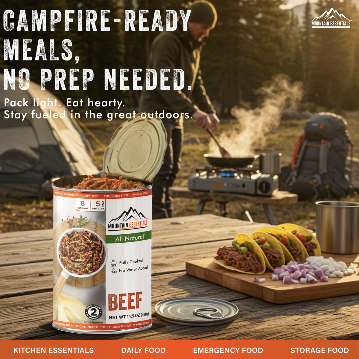 Mountain Essentials fully cooked beef can shown for easy meals right from the can