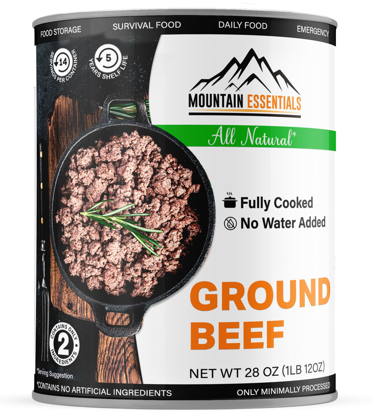 MOUNTAIN ESSENTIALS ground beef can 28oz, ready-to-eat protein for quick meals.