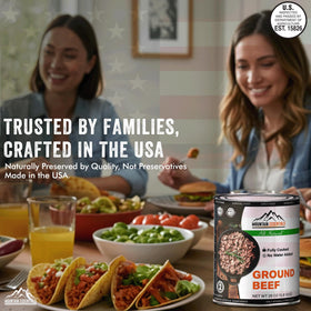 MOUNTAIN ESSENTIALS ground beef cooking in pan suggests fast, hearty dinners.