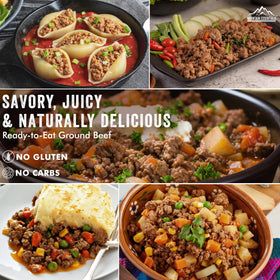 MOUNTAIN ESSENTIALS ground beef label shows two-ingredient simplicity for tidy meals.