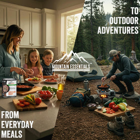 MOUNTAIN ESSENTIALS ground beef open can demonstrates quick, ready-to-eat meals.
