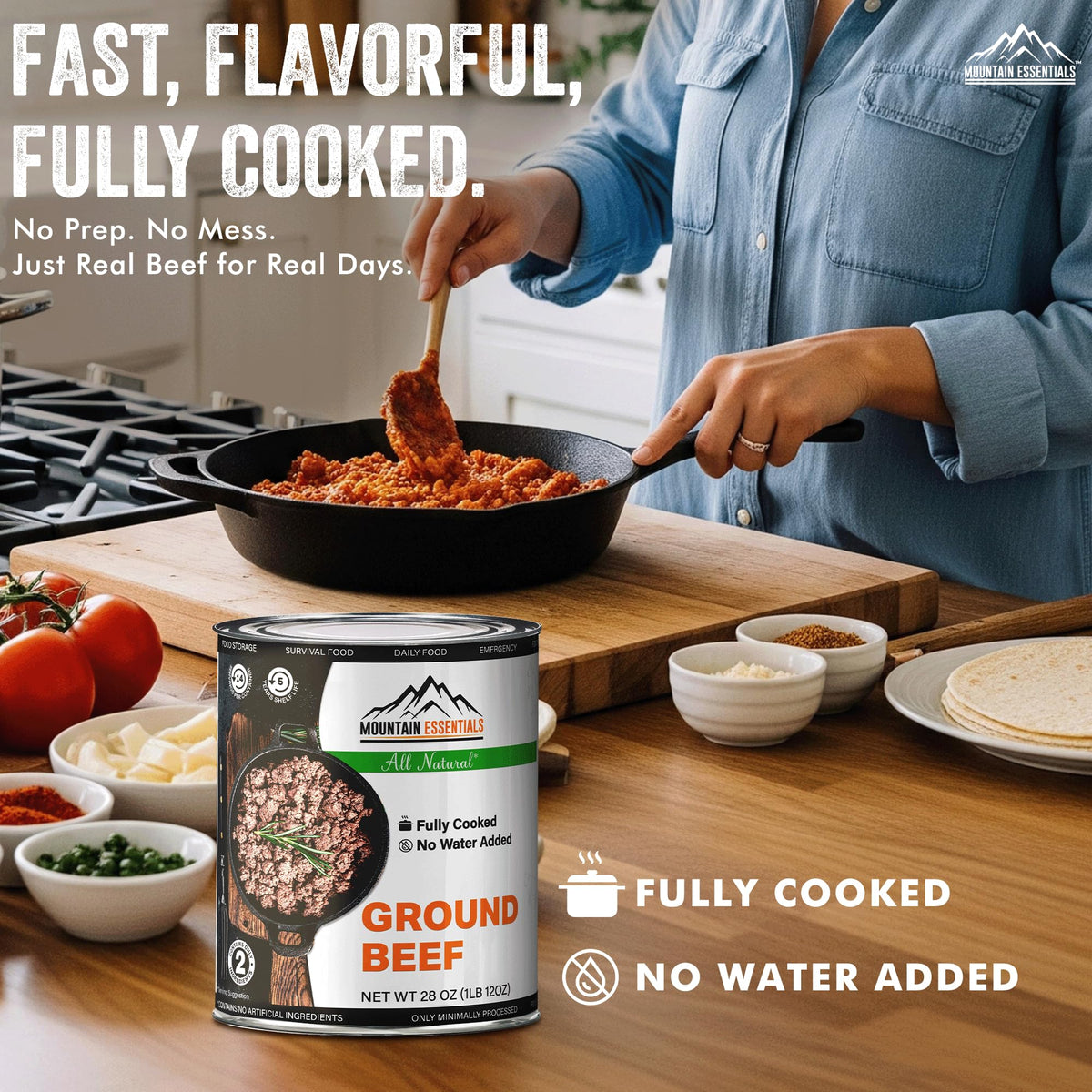 MOUNTAIN ESSENTIALS ground beef stacked cans illustrate space-saving pantry staple.