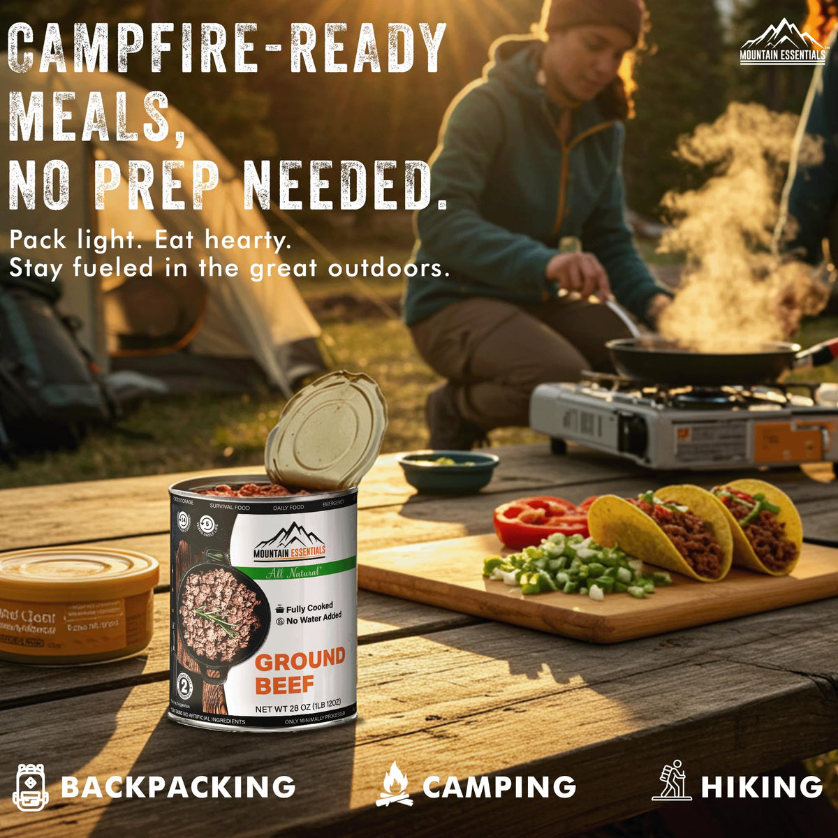 MOUNTAIN ESSENTIALS ground beef USA-made stamp guarantees quality.