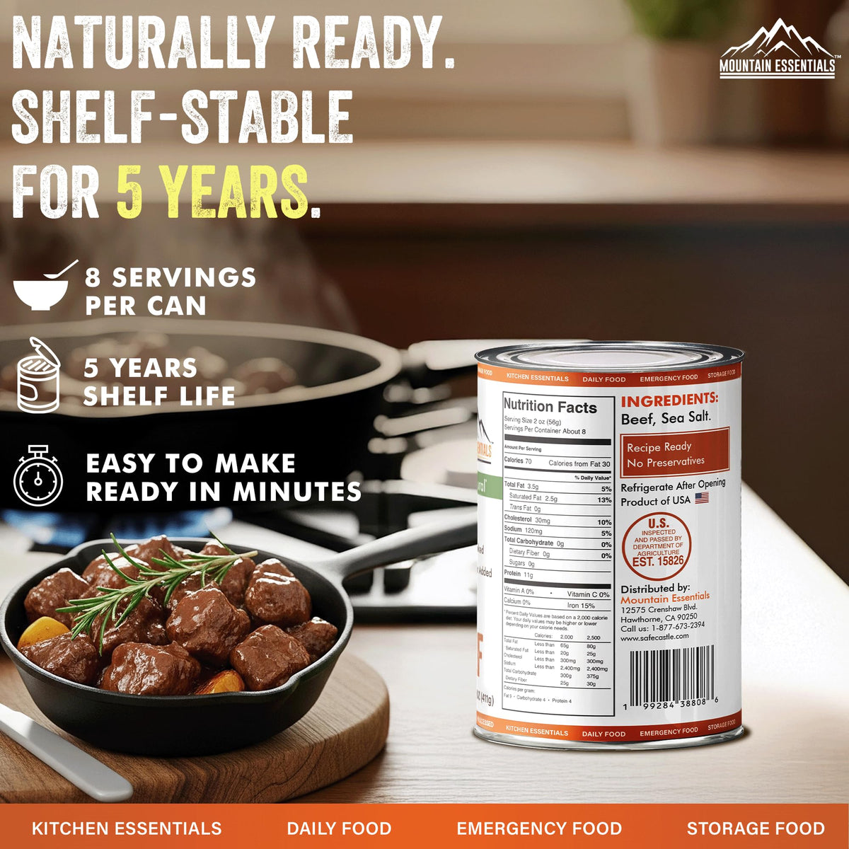 Mountain Essentials made-in-USA badge on beef can packaging