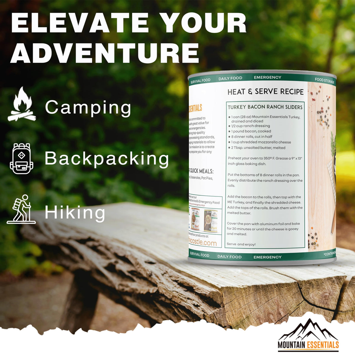No refrigeration until opened; Mountain Essentials turkey ideal for travel and camping.