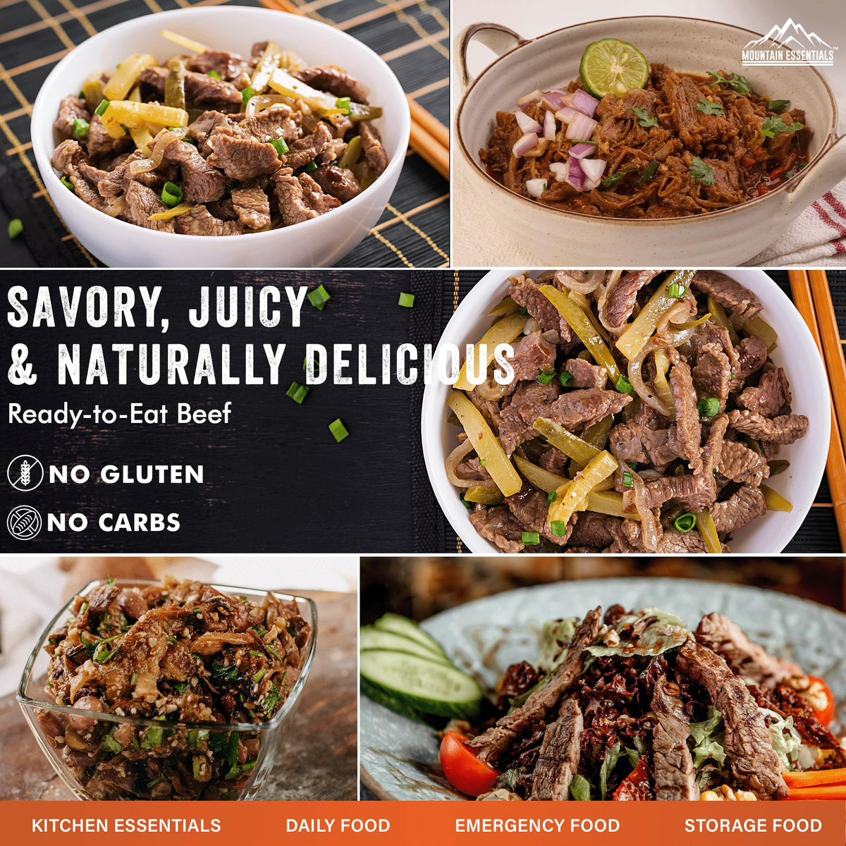 Mountain Essentials two-ingredient beef and sea salt claim on can for clean nutrition