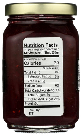 Mountain Fruit Co. Raspberry Tart Jam, open jar showing glossy texture for spreading.