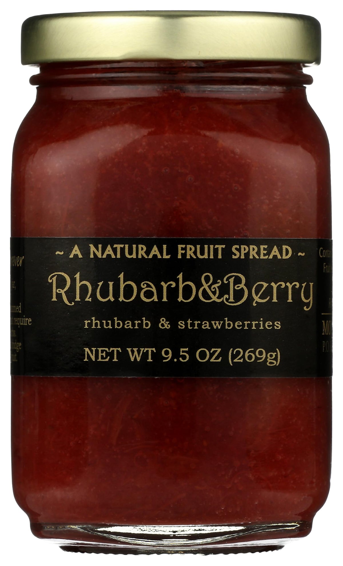 Mountain Fruit Co. Rhubarb Berry Jam jar close-up shows real fruit chunks for toast.