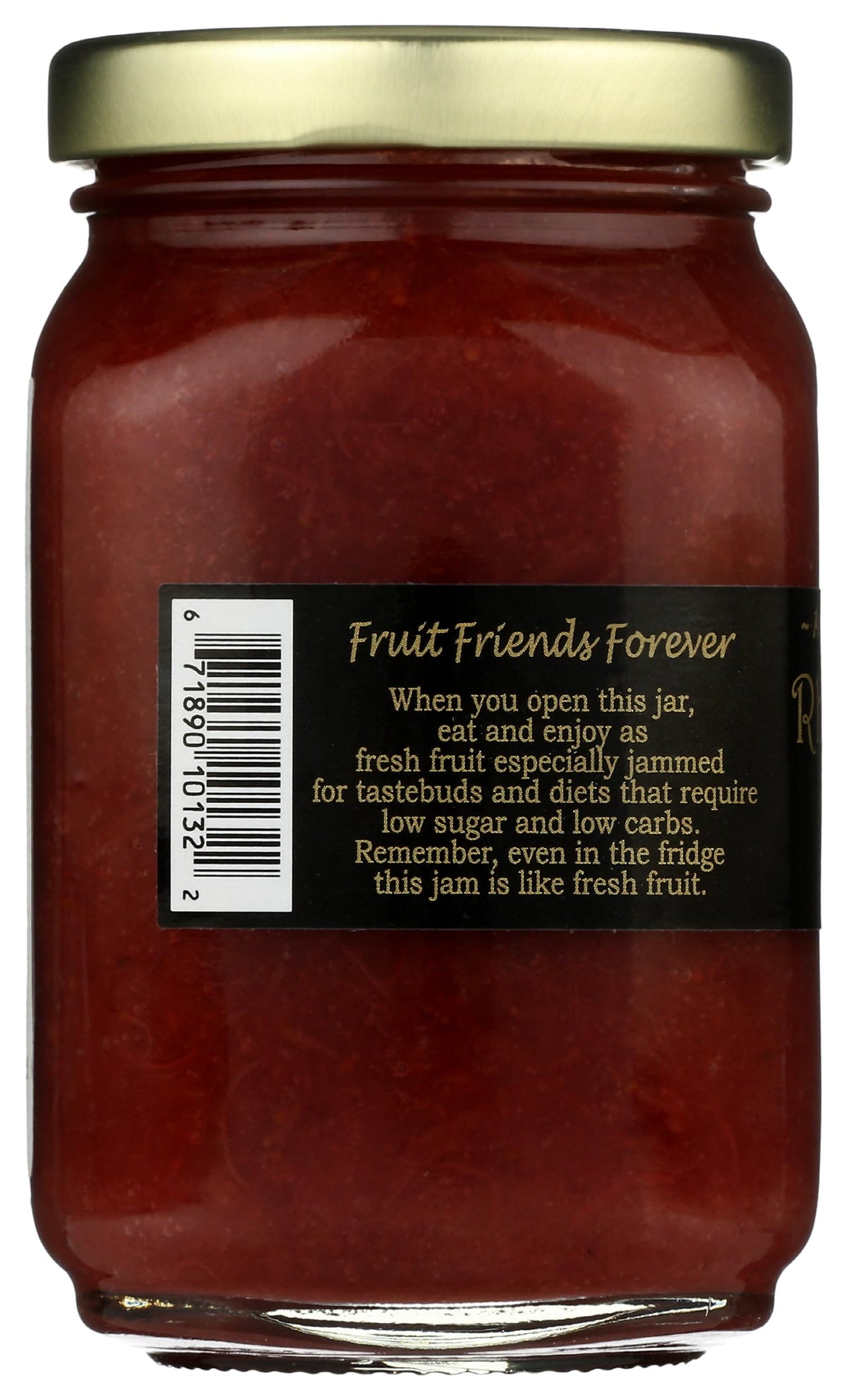 Mountain Fruit Co. Rhubarb Berry Jam label close-up emphasizes natural ingredients.