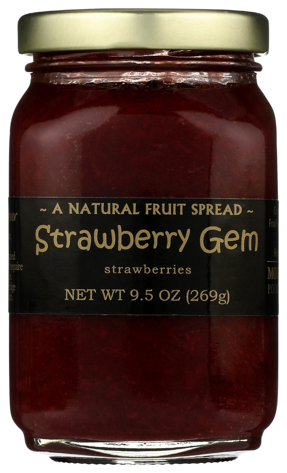 Mountain Fruit Co. strawberry jam jar close-up with visible real strawberry pieces.