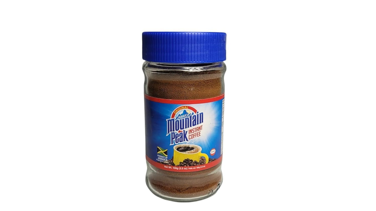Mountain Peak Instant Coffee 100g jar closeup, rich Jamaican flavor for home or office