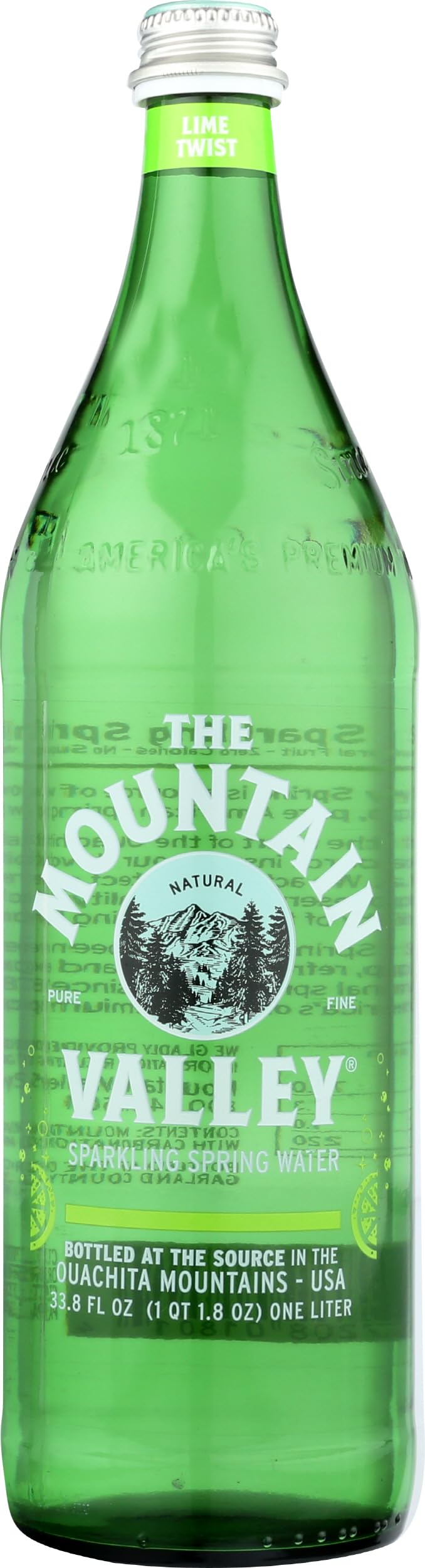 The Mountain Valley Sparkling Lime bottle front view, crisp citrus flavor and refreshing fizz.