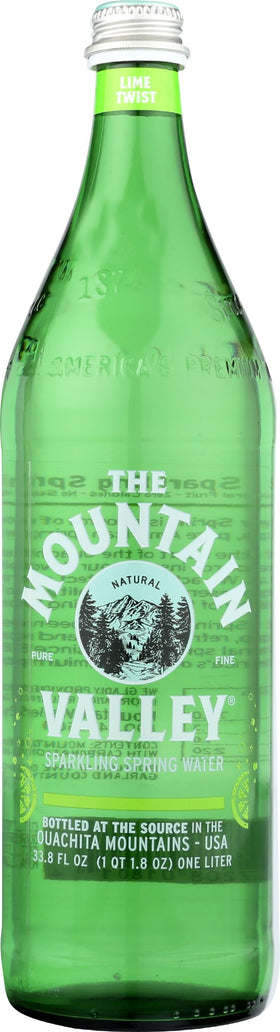 The Mountain Valley Sparkling Lime bottle front view, crisp citrus flavor and refreshing fizz.