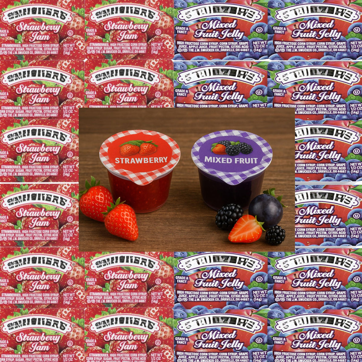 Movelo jelly cups pack showing strawberry and mixed fruit flavors, ideal for breakfast buffets.