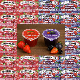 Movelo jelly cups pack showing strawberry and mixed fruit flavors, ideal for breakfast buffets.