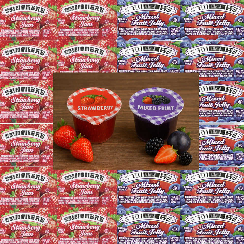 Movelo jelly cups pack showing strawberry and mixed fruit flavors, ideal for breakfast buffets.