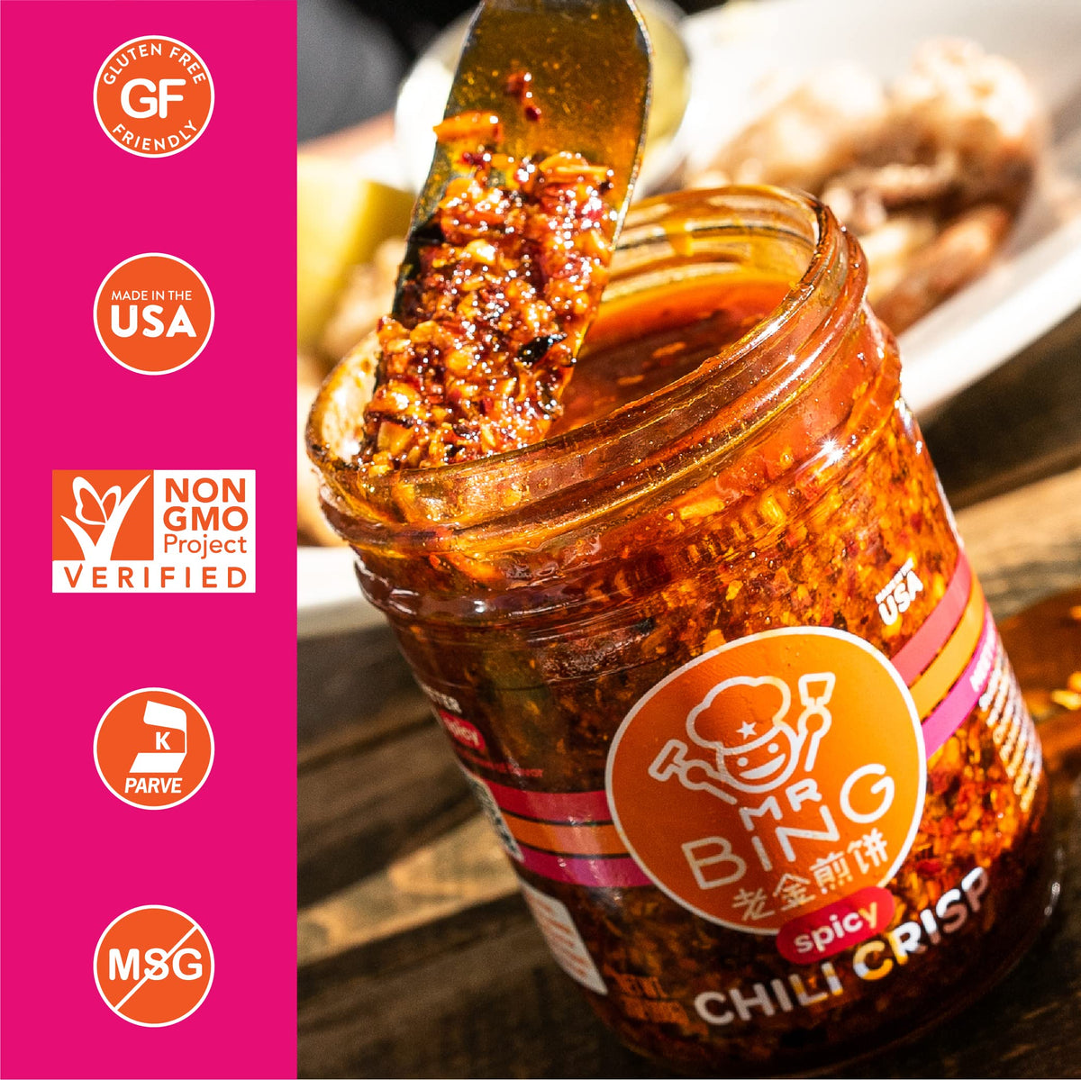 MR BING Chili Crisp glass bottle shows convenient jar packaging
