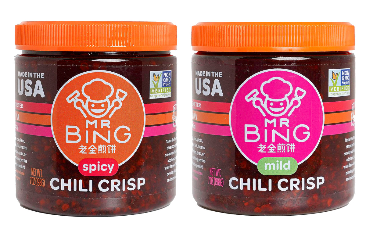 MR BING Chili Crisp jar front view showing vibrant peppers and crunch