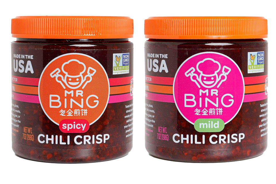 MR BING Chili Crisp jar front view showing vibrant peppers and crunch