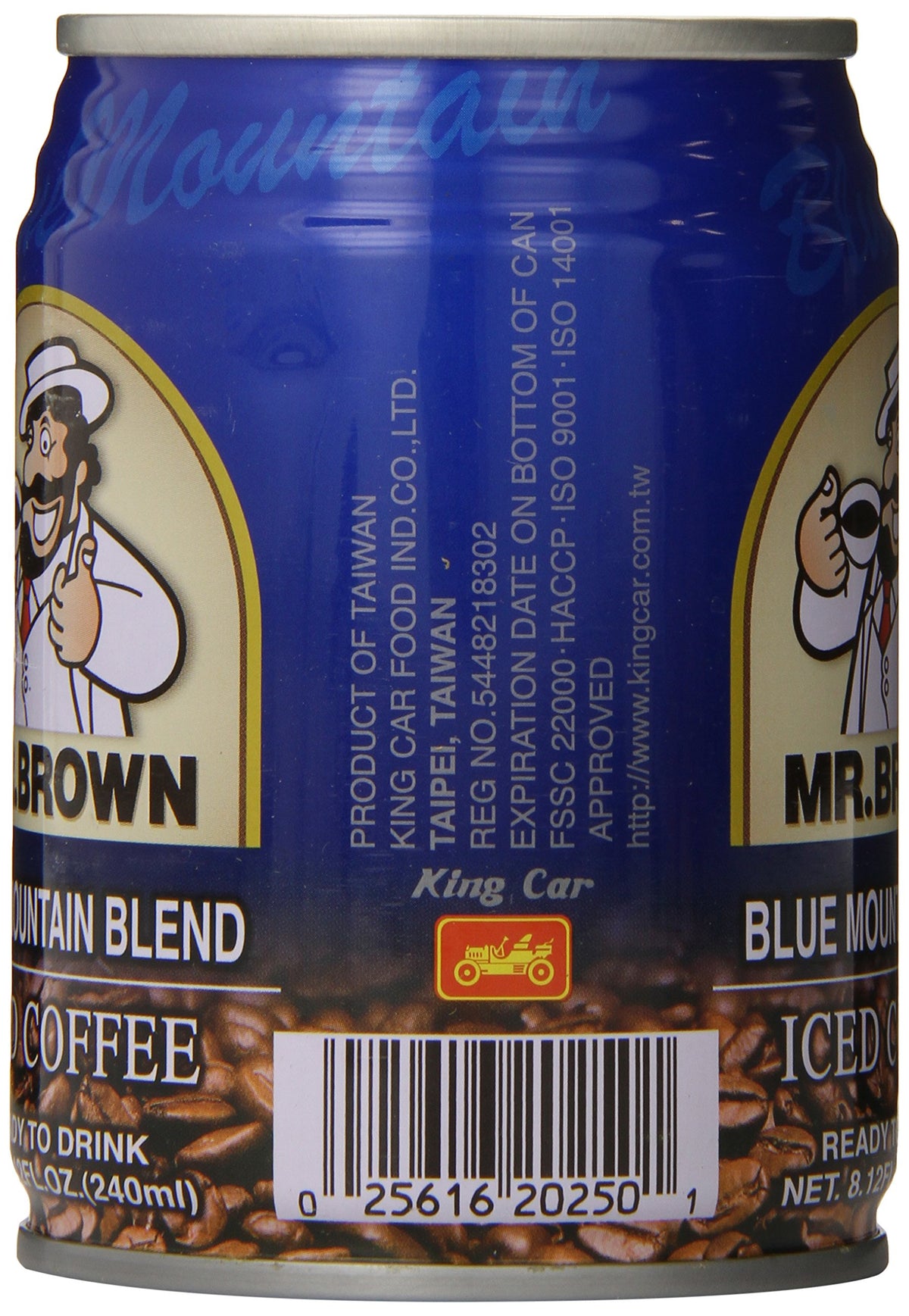 Mr. Brown iced coffee can close-up highlighting Blue Mountain flavor.