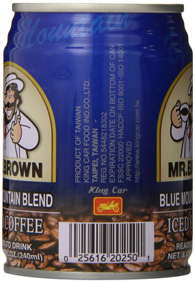 Mr. Brown iced coffee can close-up highlighting Blue Mountain flavor.