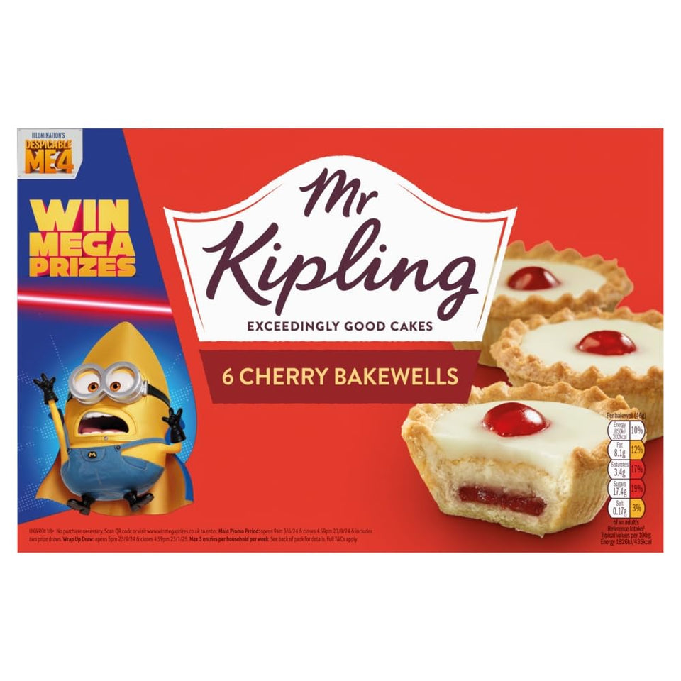 Mr Kipling Cherry Bakewells 6-pack packshot, ideal for sharing.