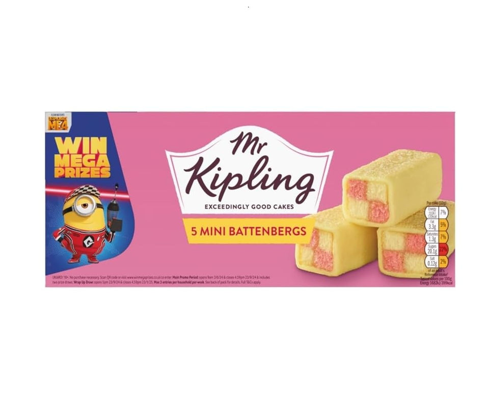 Mr Kipling Mini Battenbergs 5ea on a tea-time platter, a refined bite-sized treat.