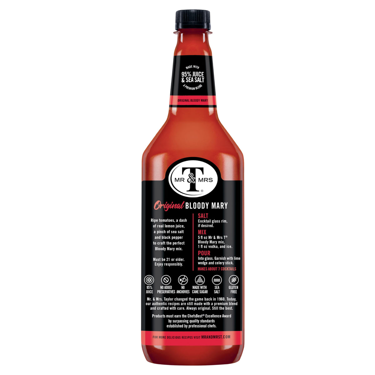 Mr & Mrs T Bloody Mary Mix glass with cocktail highlights ready-to-serve flavor.