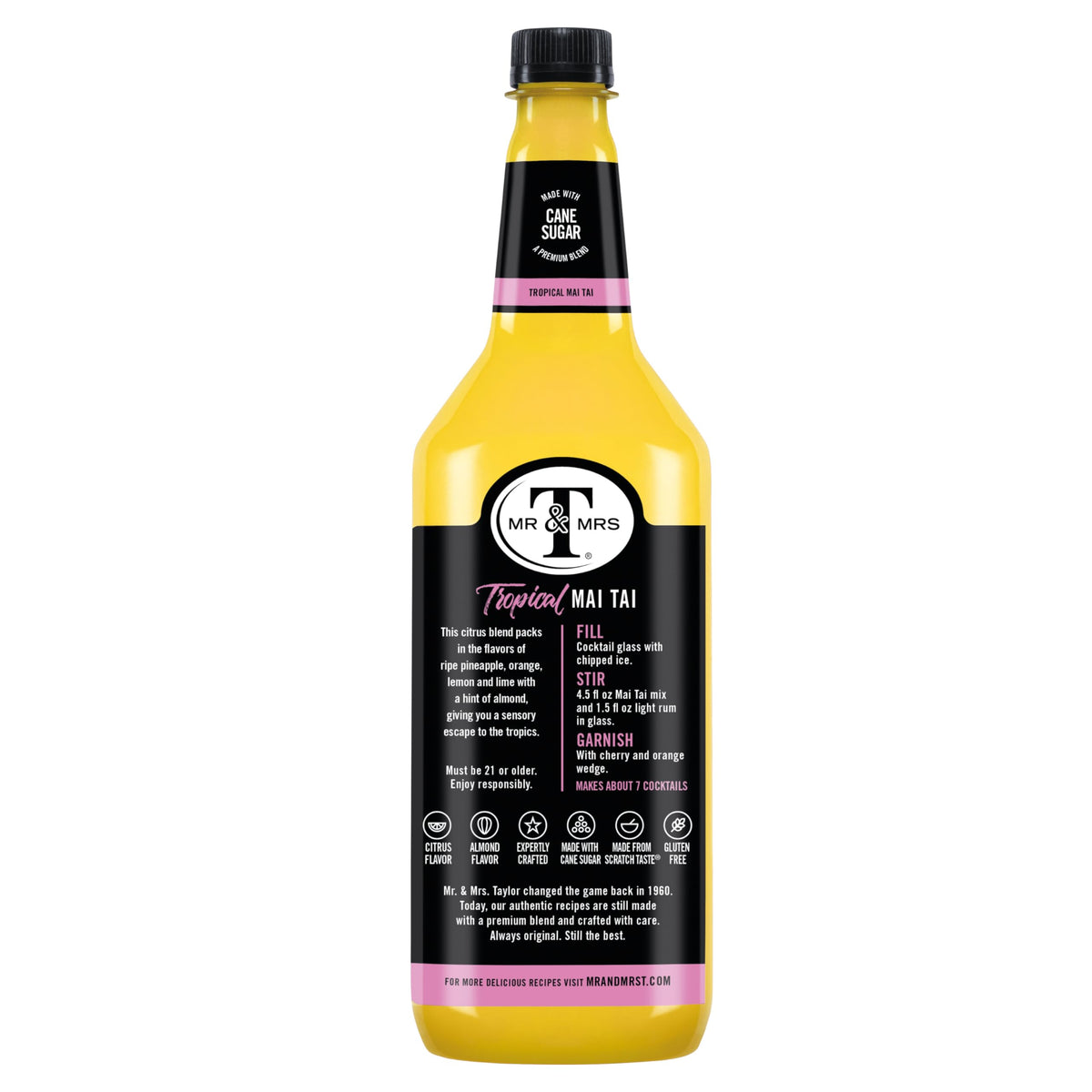 Mr and Mrs T Mai Tai Mix bottle close-up showing cane sugar base for homemade taste.