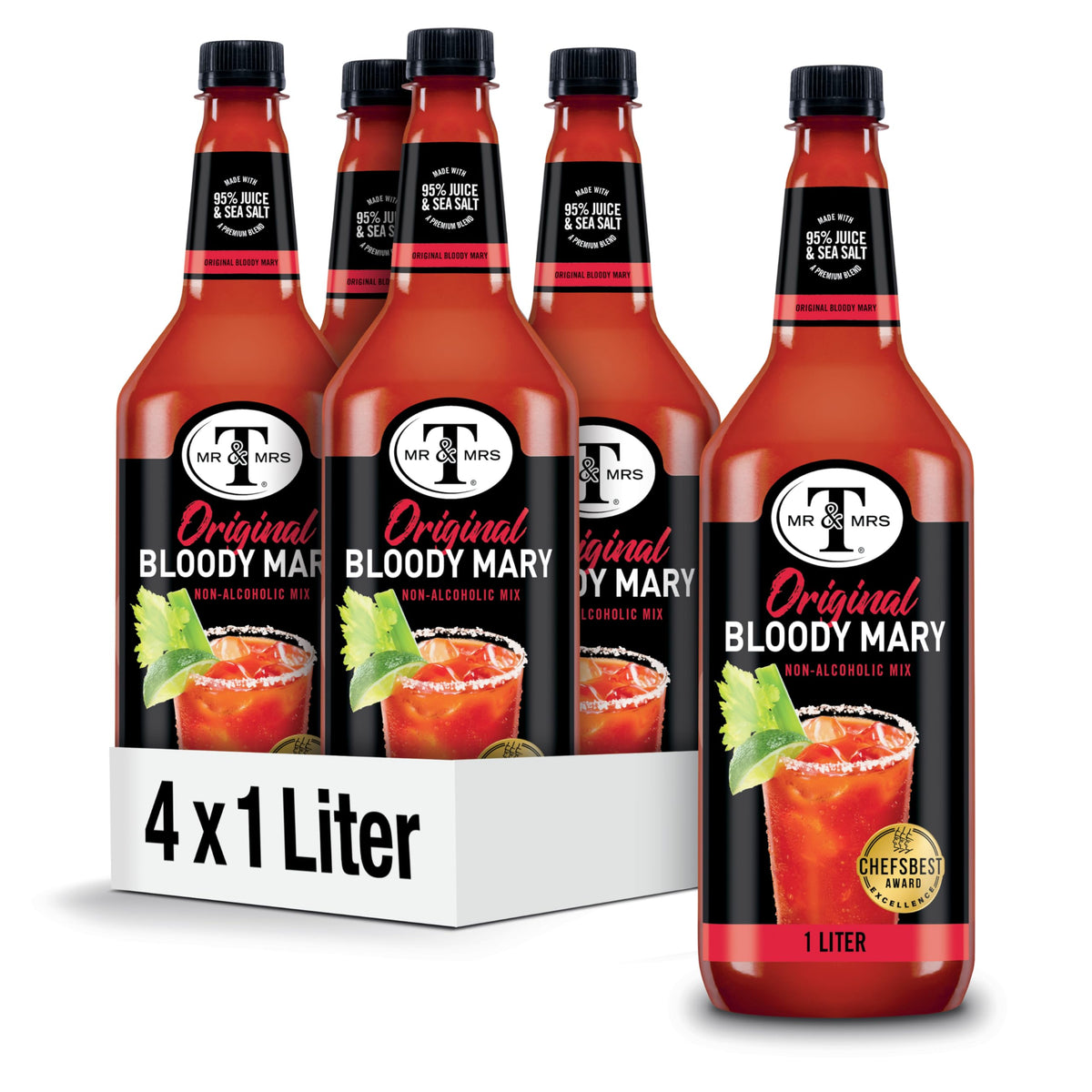Mr & Mrs T Original Bloody Mary Mix bottle front showcases premium ingredients for cocktails.