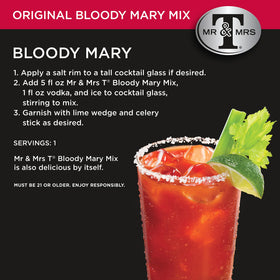 Mr & Mrs T Original Bloody Mary Mix with glass and pour, ideal for crafted drinks.