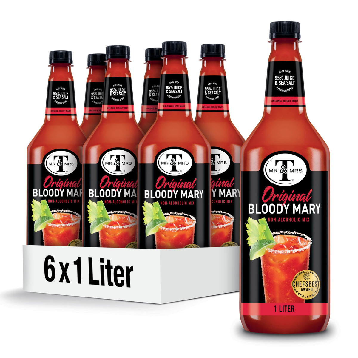 Mr & Mrs T Original Bloody Mary Mix 1 L bottle highlighting premium ingredients for cocktails.
